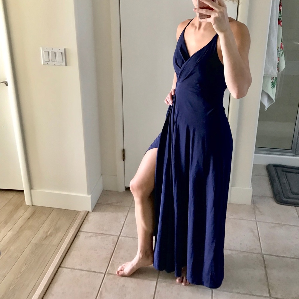 Full length, open back, formal dress w/ side slit